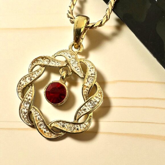 Gold Tone Snake Chain Necklace Pendant Red July Birthstone Center Interlaced - Picture 1 of 11